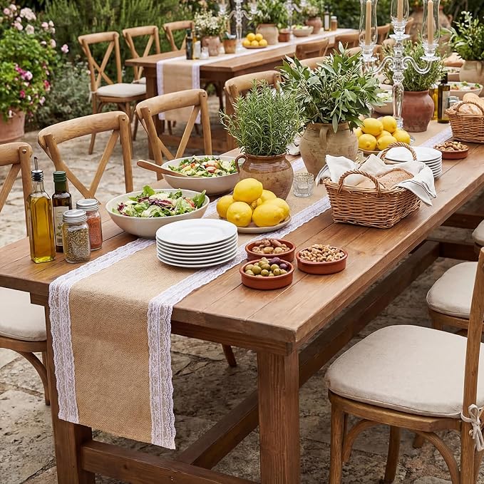 Tatuo 6 Pcs Lace Burlap Table Runner 12'' x 72'' Rustic Jute Hessian Farmhouse - Image 6