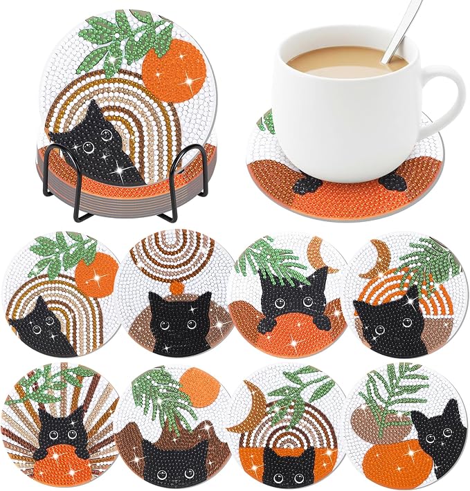 8 Pcs Boho Diamond Art Painting Coasters Holder Black Cat | Abstract Diamond - Image 8