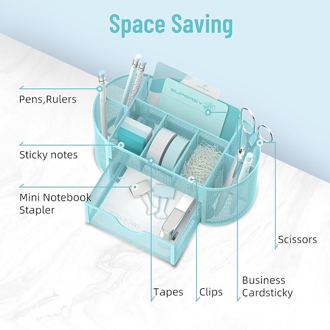 Mesh Desk Organizer with Drawer, 9-Compartment Pen Holder - Image 3