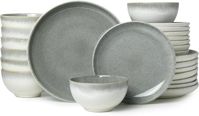 24 Piece Dinnerware Sets for 8, Modern Stoneware Plates and Bowls Sets by Pokini
