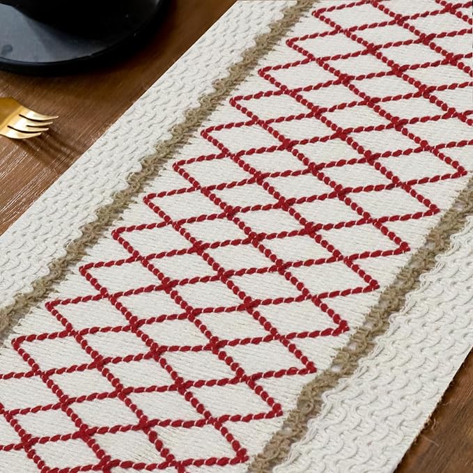 EMMTEEY Macrame Table Runner Boho Style 36 Inches Long, Hexagonal Red | Handmade - Image 4