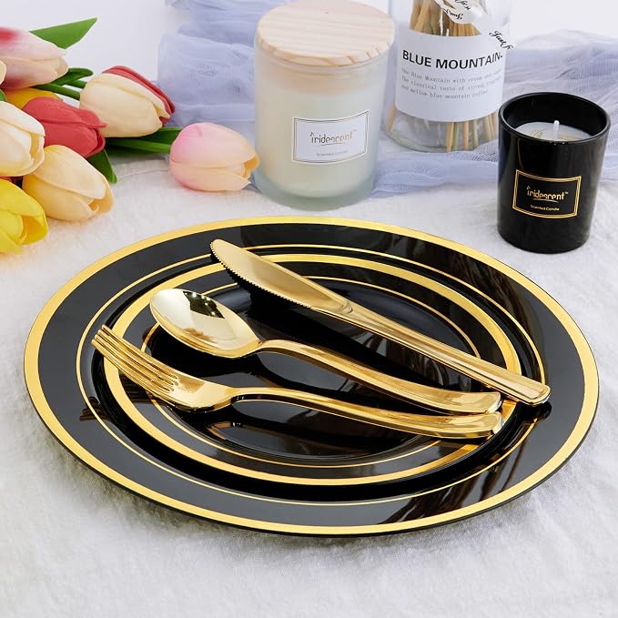 25 Guests Plastic Plates Set Gold Disposable Dinnerware Set | Include 25 Pc 10" - Image 4