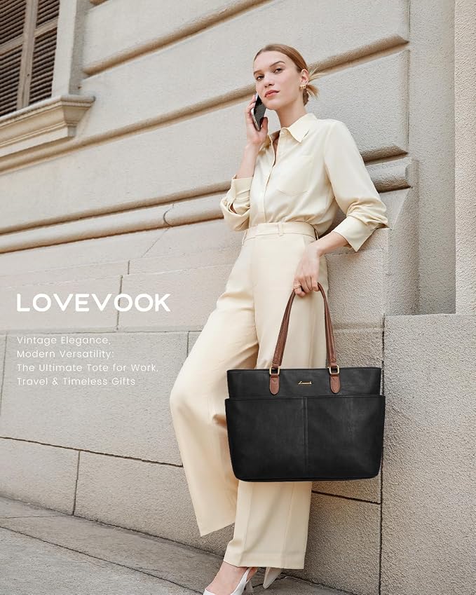 LOVEVOOK Work Tote Bag for Women, Retro Leather 17.3 Inch Laptop Bag - Image 2