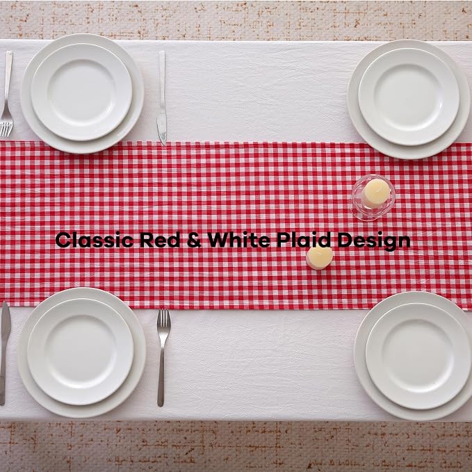 Red White Plaid Gingham Ruffle Table Runner 120 inches Long Christmas 100% - Image 4
