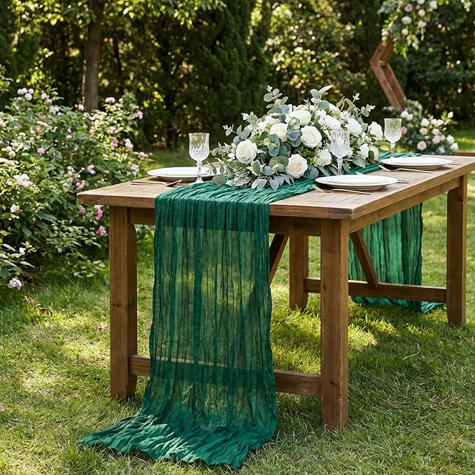 8 Pack Emerald Green Cheesecloth Table Runner 120 Inch Boho Wedding Decor | - Image 5