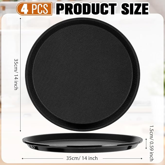 Zopeal 4 Pieces 14" Black Round Restaurant Serving Tray, Plastic Non Slip - Image 2