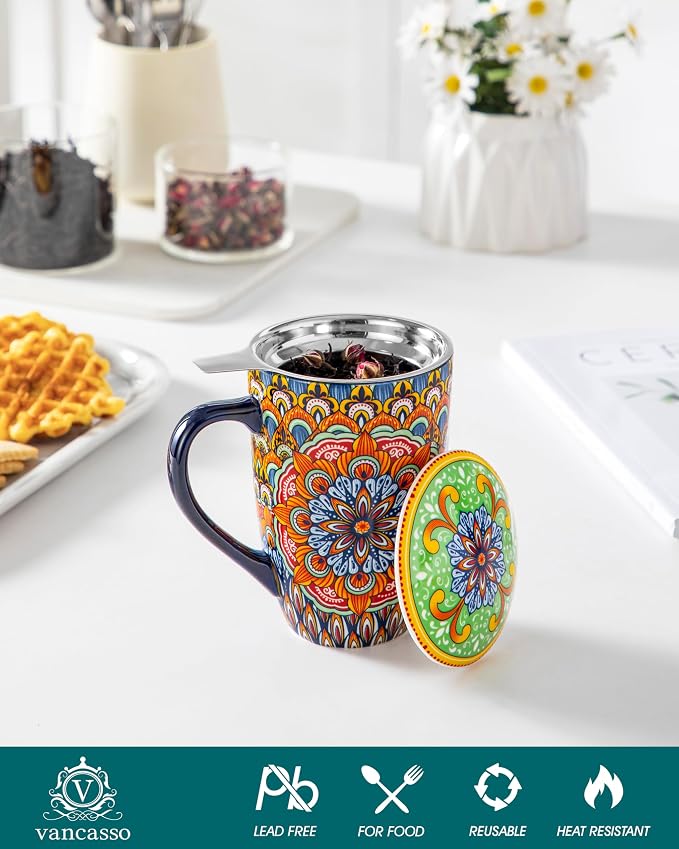 vancasso Ceramic Tea Mug with Infuser and Lid, 18 Ounce Bohemian Loose Leaf Cup - Image 3