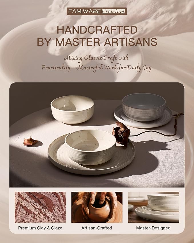 Stoneware Dinnerware Sets for 4, Reactive Glaze Plates & Bowls, Shell Beige | - Image 6