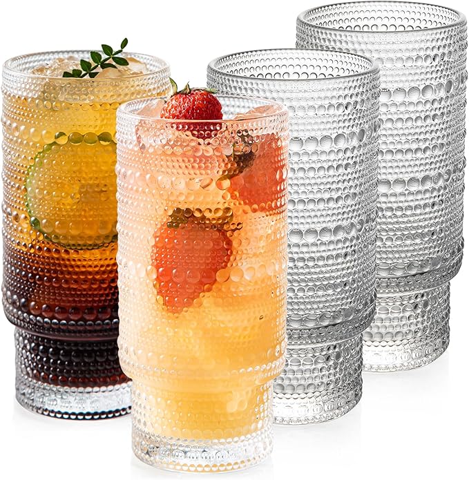 4 Pack Vintage Glassware Drinking Glasses Set, 16 oz Hobnail Glassware by Polishyourdreamlightupthefuture
