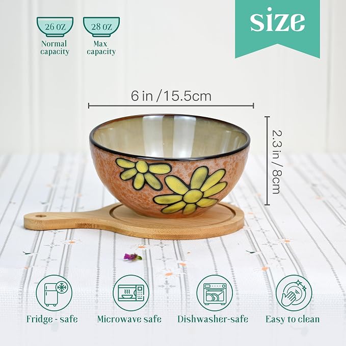 Ceramic Cereal Bowls Set of 6, Floral Design 6 inch – 28oz - Image 6