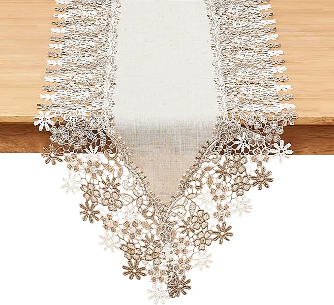 Natural Beige Floral Lace Table Runner Dresser Scarf | Lace Runner, Wedding & by Winotic