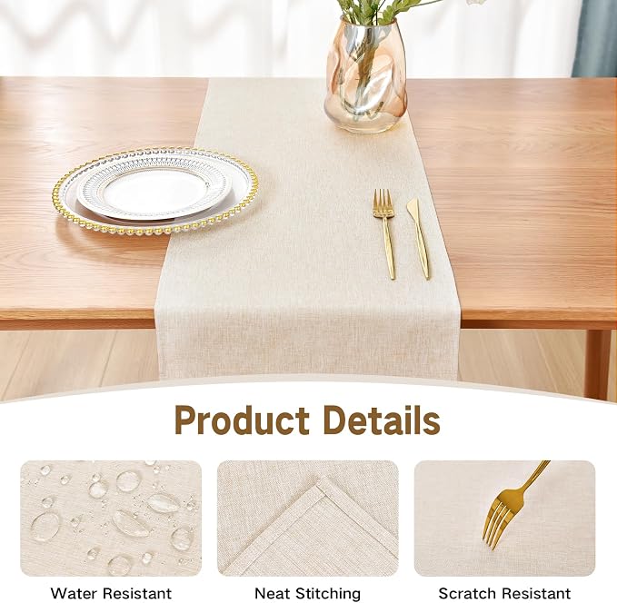 Faux Linen Table Runner Water Resistant 13 x 60 in, Neutral | Farmhouse Rustic - Image 3