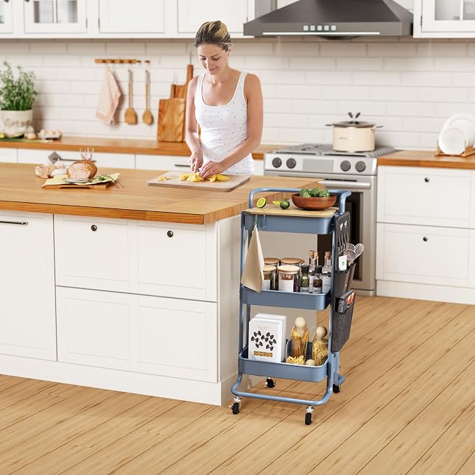 DTK 3-Tier Rolling Cart with Table Top, Metal Utility Cart with Side Bags | - Image 7