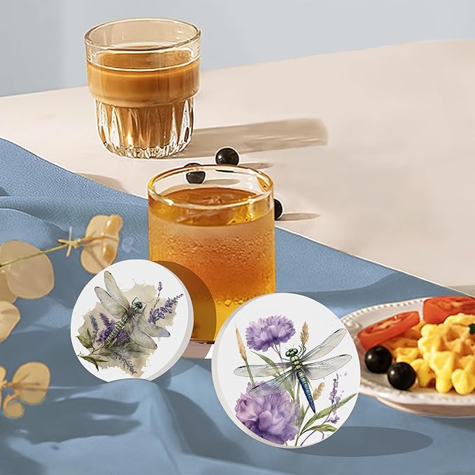 Coaster for Drinks Set of 6, Dragonfly Flower Absorbing Round Ceramic Stone - Image 7