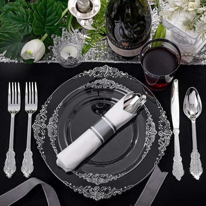 Morejoy 350PCS Clear Silver Plastic Plates - Image 6