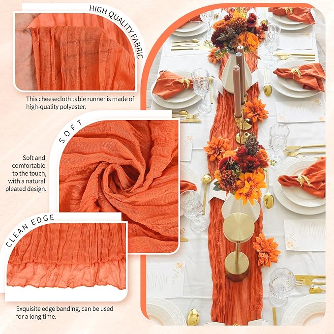 4 Pack Cheesecloth Table Runner 10FT Orange Table Runner Boho Gauze Cheese - Image 3