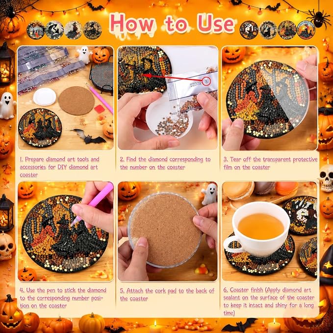8 Pack Witch Diamond Art Coasters Kits- Diamond Painting Coasters Kit | - Image 5