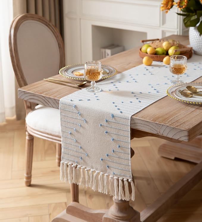 Boho Table Runner 13 x 72 Inch Long Natural Cotton Woven Runner - Image 2