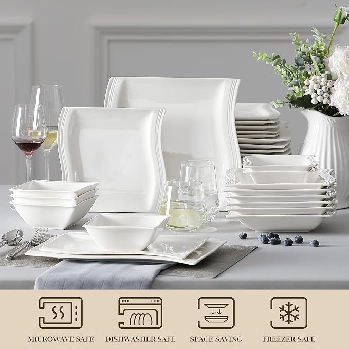 MALACASA Plates and Bowls Sets, 26 Pieces Ivory White Porcelain Dinnerware Sets - Image 4