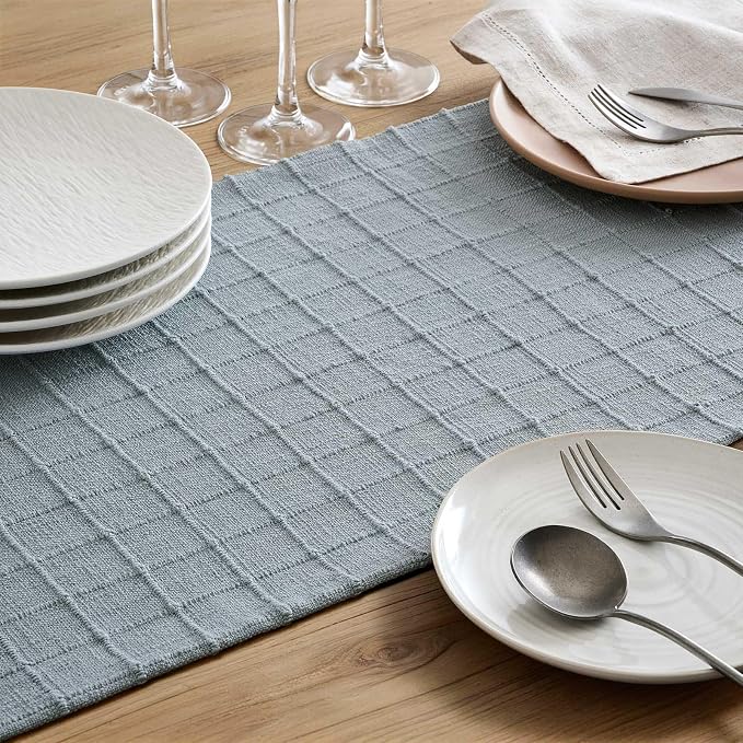 Artisanal Grid Linen Table Runner, 13x90 Inches Chambray | Heavy Textured - Image 6