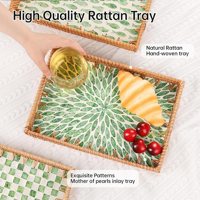 Rectangle Rattan Tray with Mother of Pearl Inlay, Rattan Serving Tray with - Image 4