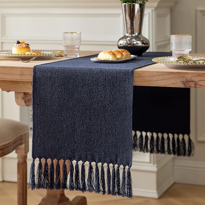 Navy Table Runners 108 Inches Long, Burlap Linen Style Rustic Farmhouse Table by ZEEMARTONLINE