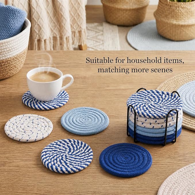 Drink Coasters Set of 8 with Holder, Cotton Woven - Image 2