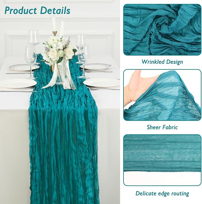 3 Pack Teal Green Cheesecloth Table Runner 120 Inch Boho Wedding Decor | - Image 3