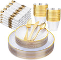 Morejoy 175PCS Clear Gold Plastic Plates by Morejoy