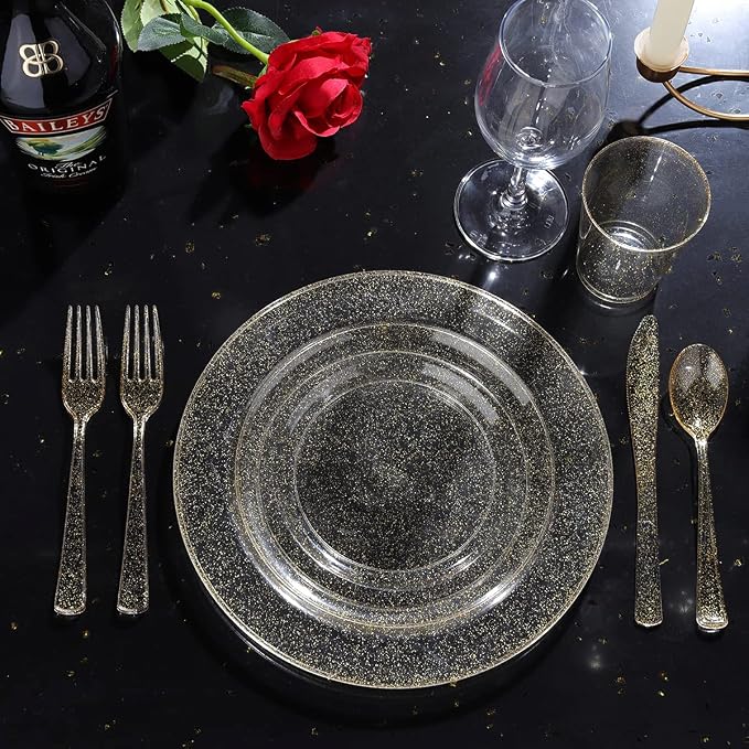 WELLIFE 175 Pieces Gold Glitter Plastic Plates - Image 5