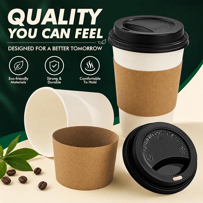 12 oz Coffee Cups with Lids and Sleeves 100 Pack, Thickened Paper Cups - Image 5