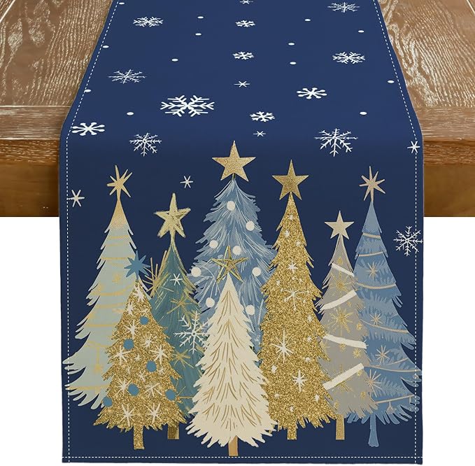 Christmas Table Runner 13x36 Inch, Xmas Trees Snowflakes Holiday Decorative by GEEORY