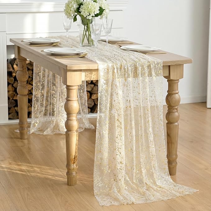 Artoid Mode Beige Gold Gauze Table Runner 59x120 Inch 10FT, Glitter Metallic - Image 5