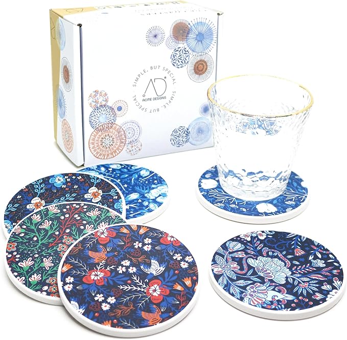 AD Set of 6 Coasters for Drinks Absorbing Round Ceramic Stone Coaster - Image 8