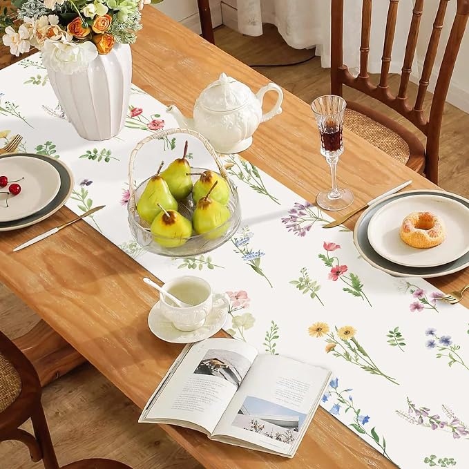 Bonhause Spring Floral Table Runner 13x72 Inch Purple Pink Wildflower Leaves - Image 3