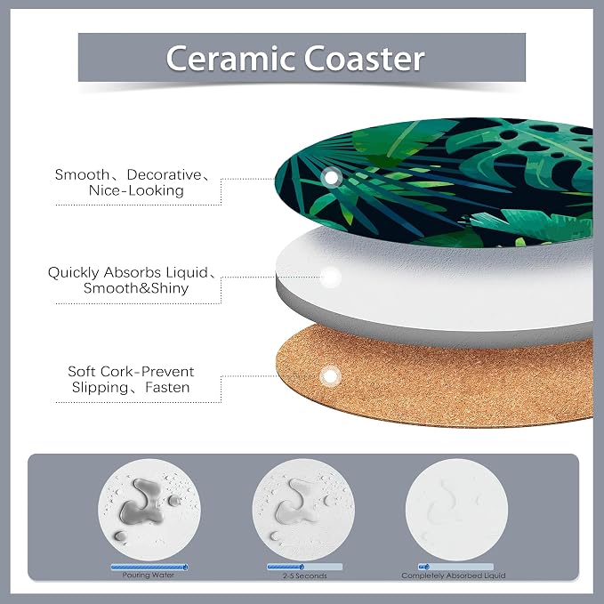 Drink Coasters Set of 6 with Holder, Tropical Palm Leaves Green Absorbent - Image 3