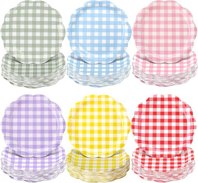 120 Pcs Gingham Paper Plates 7 Inch Pastel Party Dessert Plates, Spring Gingham by Umigy