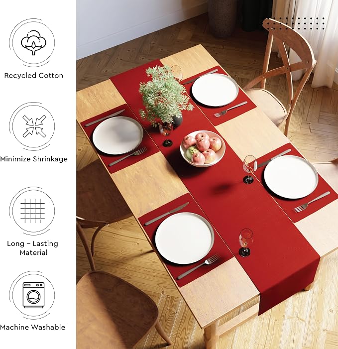 Encasa XO Table Runner, Yarn Dyed Ribbed Cotton 13"x59" | Solid Red, 12-Ply - Image 3