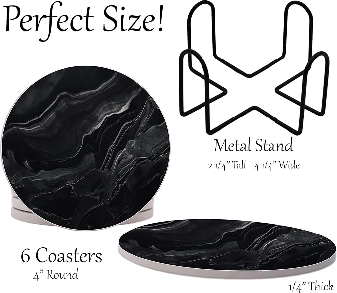 Dark Black Marble Round Coasters Set of 6 - Image 2