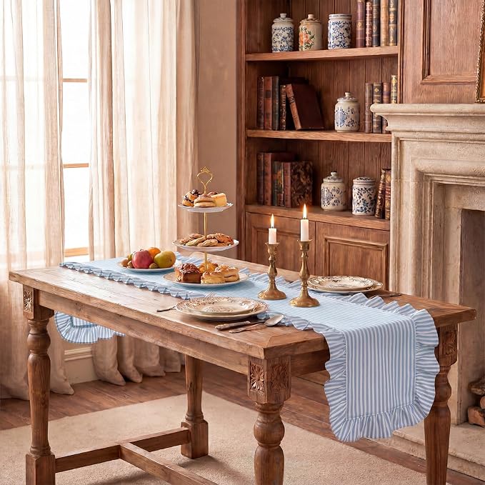 HunnmingRe Ruffle Trim Boho Table Runner Farmhouse Rustic Stripes Scalloped - Image 8