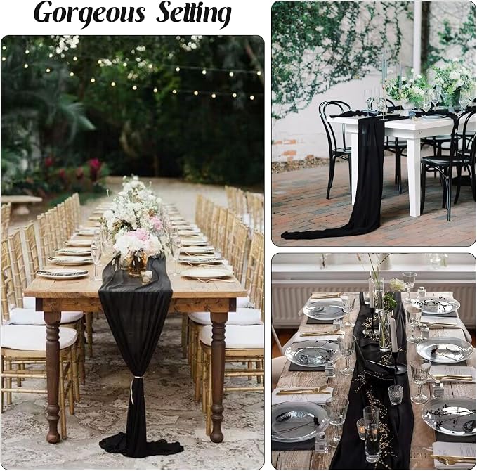 Black 10FT Cheesecloth Table Runner Boho Gauze Fabric Table Runner Rustic Sheer - Image 6