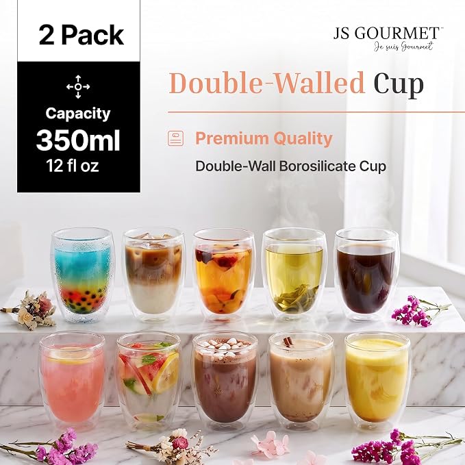 JS Gourmet Double Wall Glass Coffee Mugs Set of 6, 12oz/350ml Borosilicate - Image 2