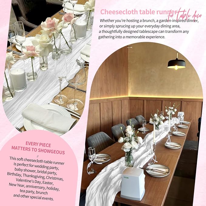 Showgeous 2 Pack White Cheesecloth Table Runners Boho Wedding Decor | Rustic - Image 8
