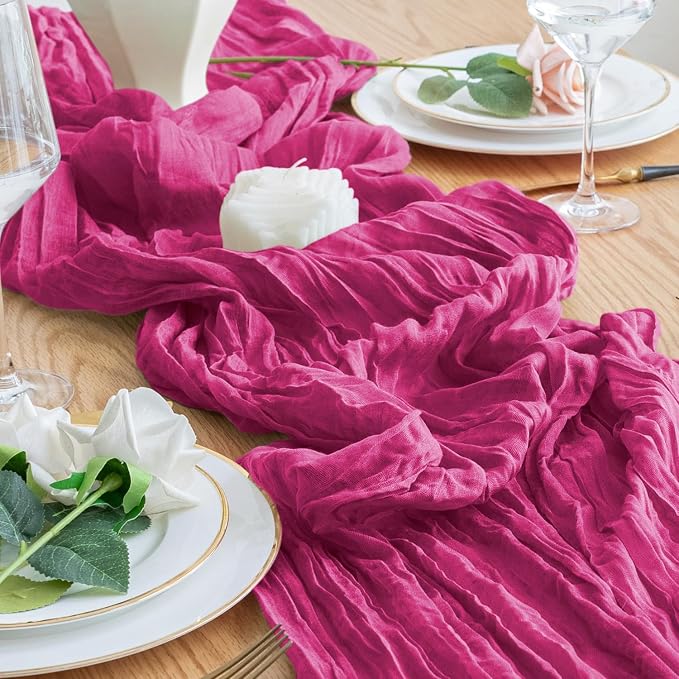 Cheesecloth Table Runner 10FT 6Pcs Fuchsia Boho Gauze Rustic Sheer Runners | - Image 5