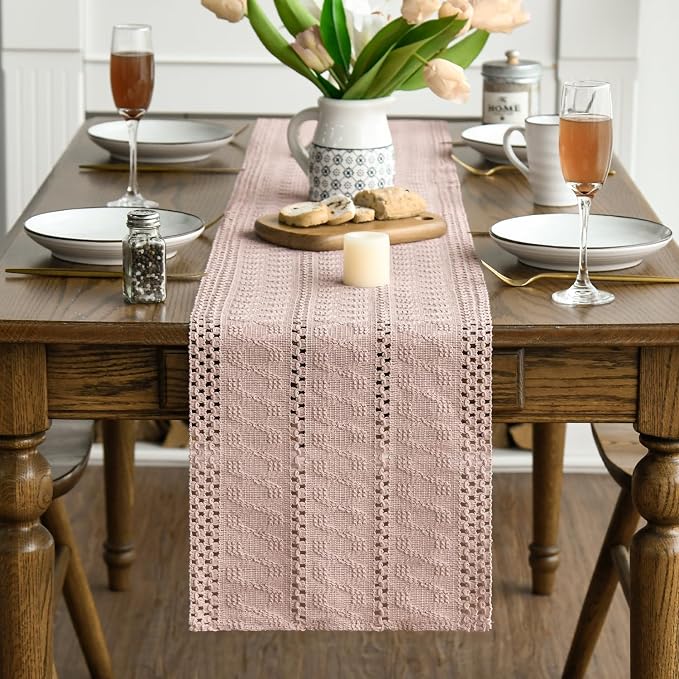 Artoid Mode Pink Woven Farmhouse Hollow Table Runner 12x60 Inch | Holiday - Image 3