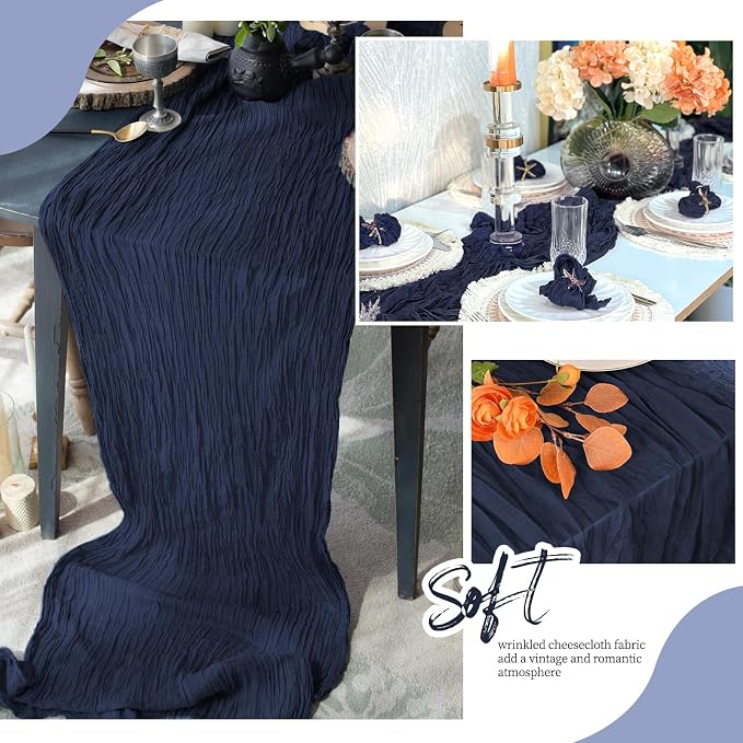 12 Pack Navy Blue Cheesecloth Table Runner 17x108 Inch Semi Sheer Boho Gauze - Image 6