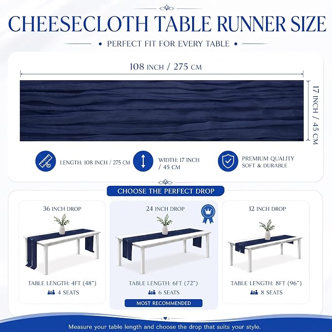2 Pack Navy Blue Cheesecloth Table Runner 17x108 Inch Boho Rustic Semi Sheer - Image 3