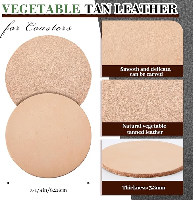 Bulyoou 50 Pcs Round Vegetable Tan Leather Coaster 3-1/4" Circular Tooling | - Image 2