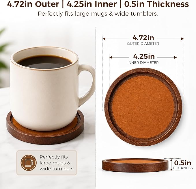 MinBoo Bamboo Coasters for Coffee Table Set of 4 Coasters for Drinks Absorbent - Image 2