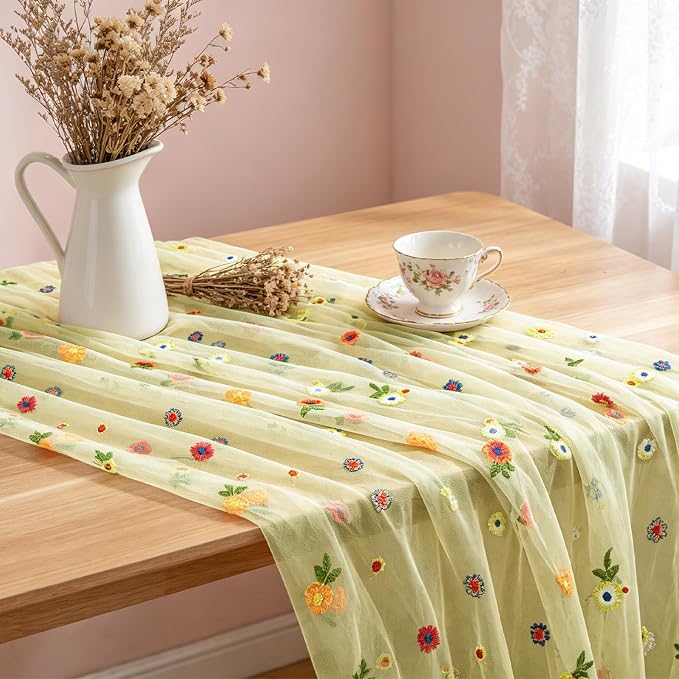 BINBE 1pcs Daisy Spring Table Runner Embroidery Gauze 10FT Florals Seasonal - Image 4